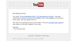Hinweis von Youtube auf Copyright-Verletzungen.